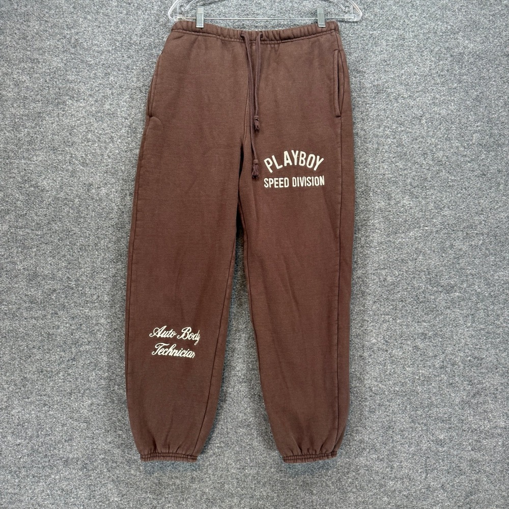 Playboy Sweatpants Mens Small Brown Speed Division Auto Body Graphic Joggers